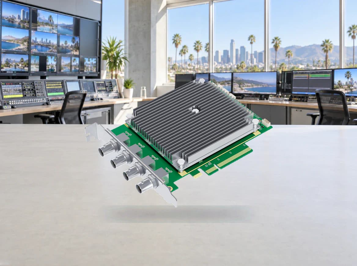 Four-input video capture card on a control-room desk