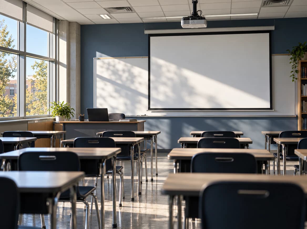Empty classroom with rows of desks and a projection screen