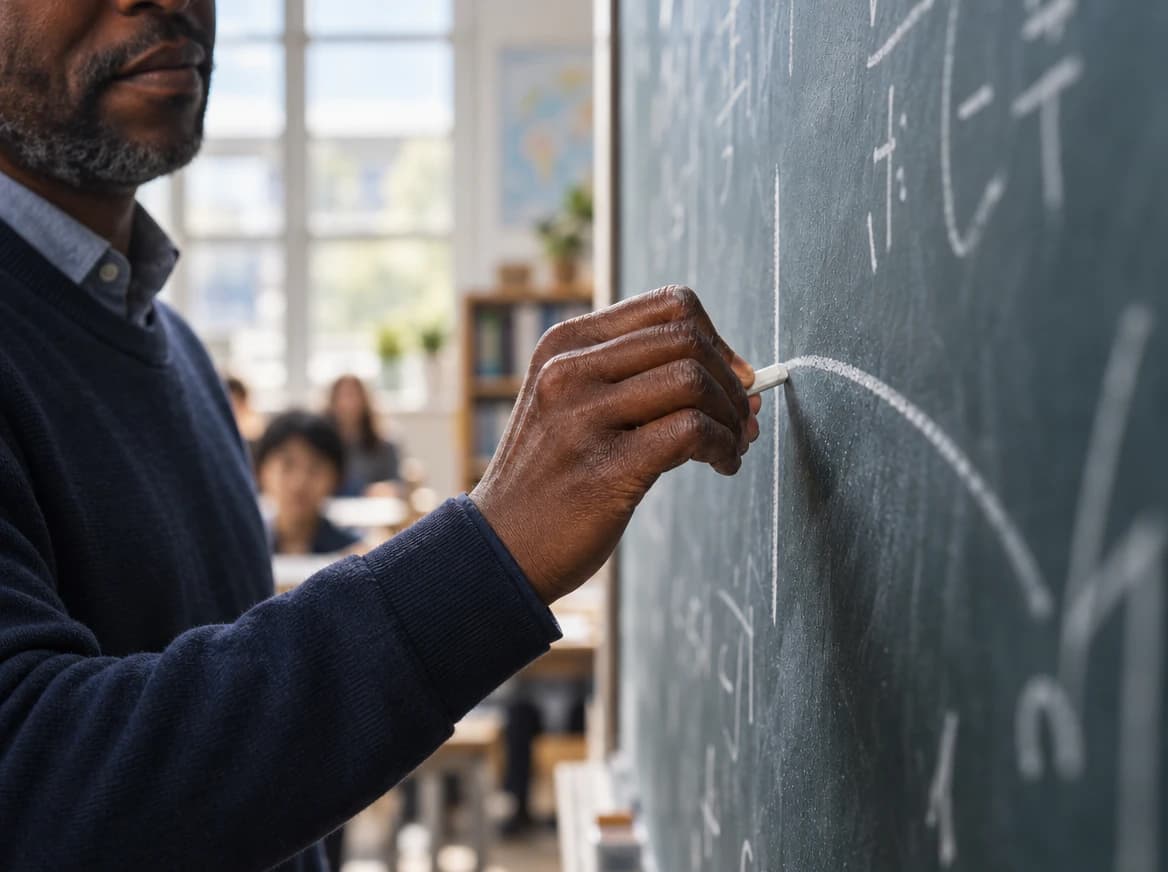 Teacher writing with chalk on a blackboard