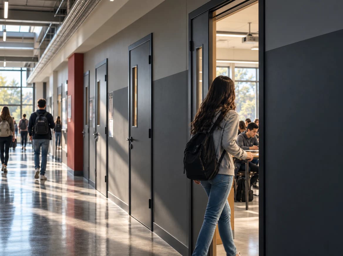 School hallway lined with classroom doors