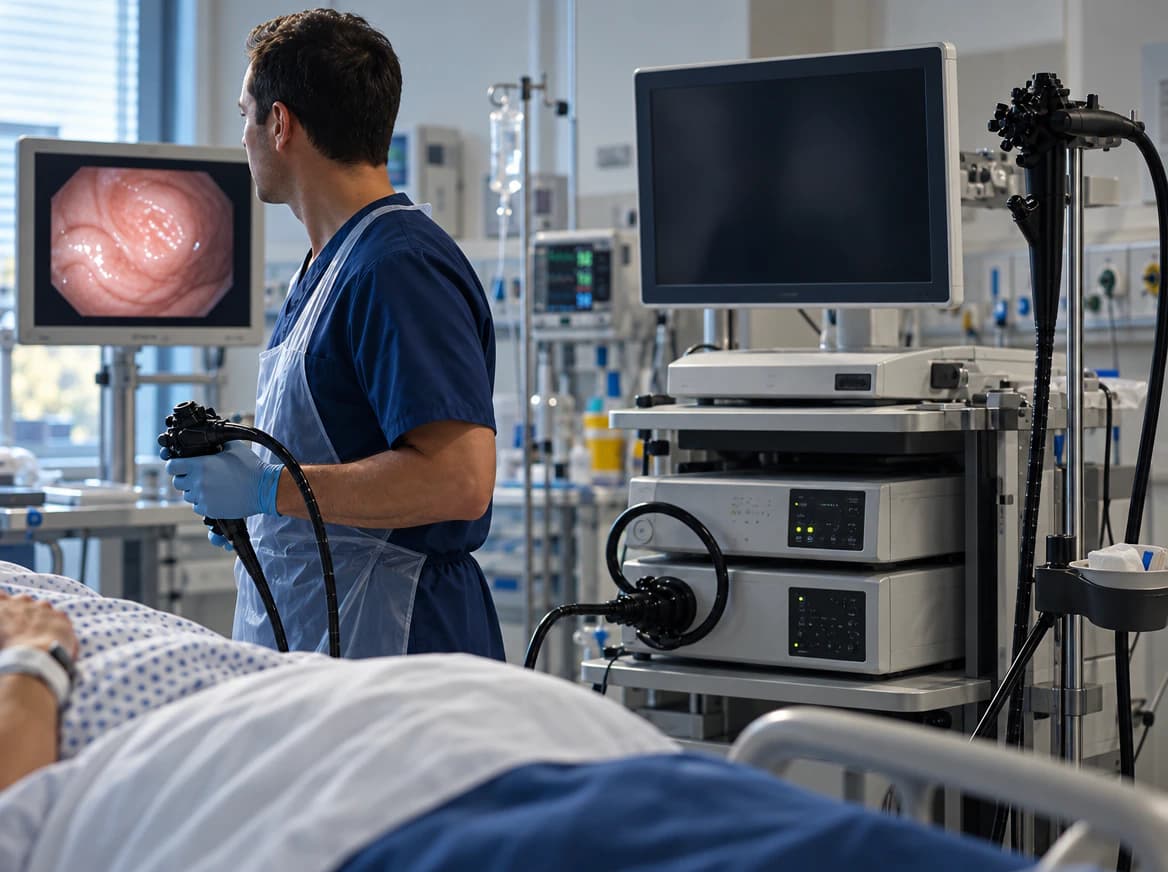Endoscopy equipment and monitors beside a patient bed