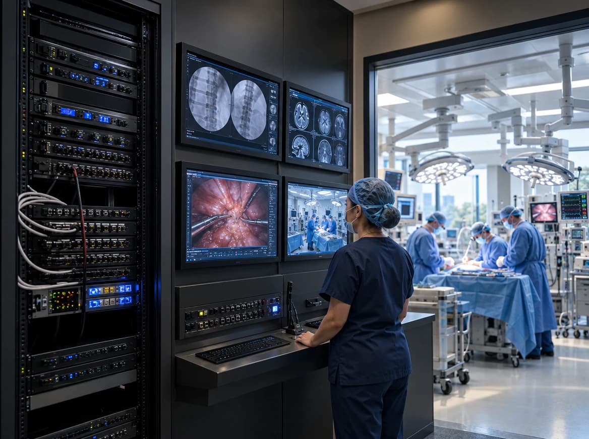 Medical video control racks overlooking an operating room