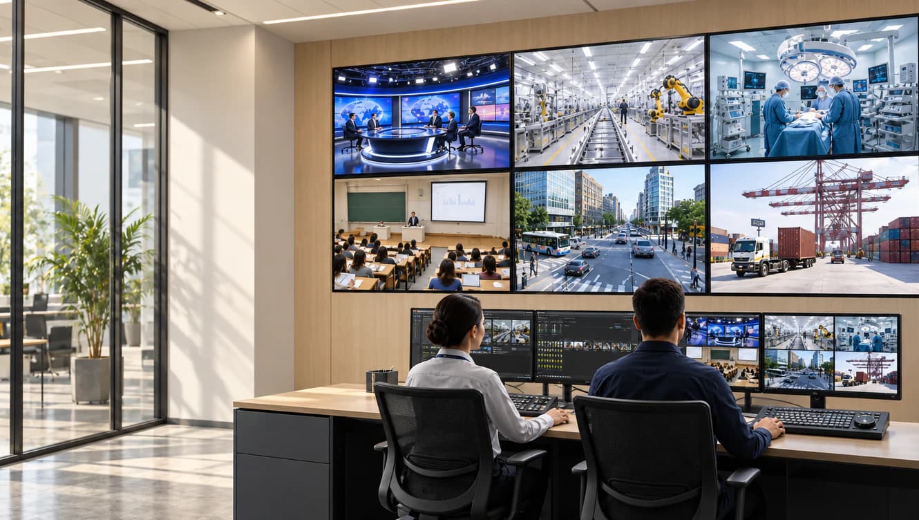 Video monitoring control room with multiple display screens