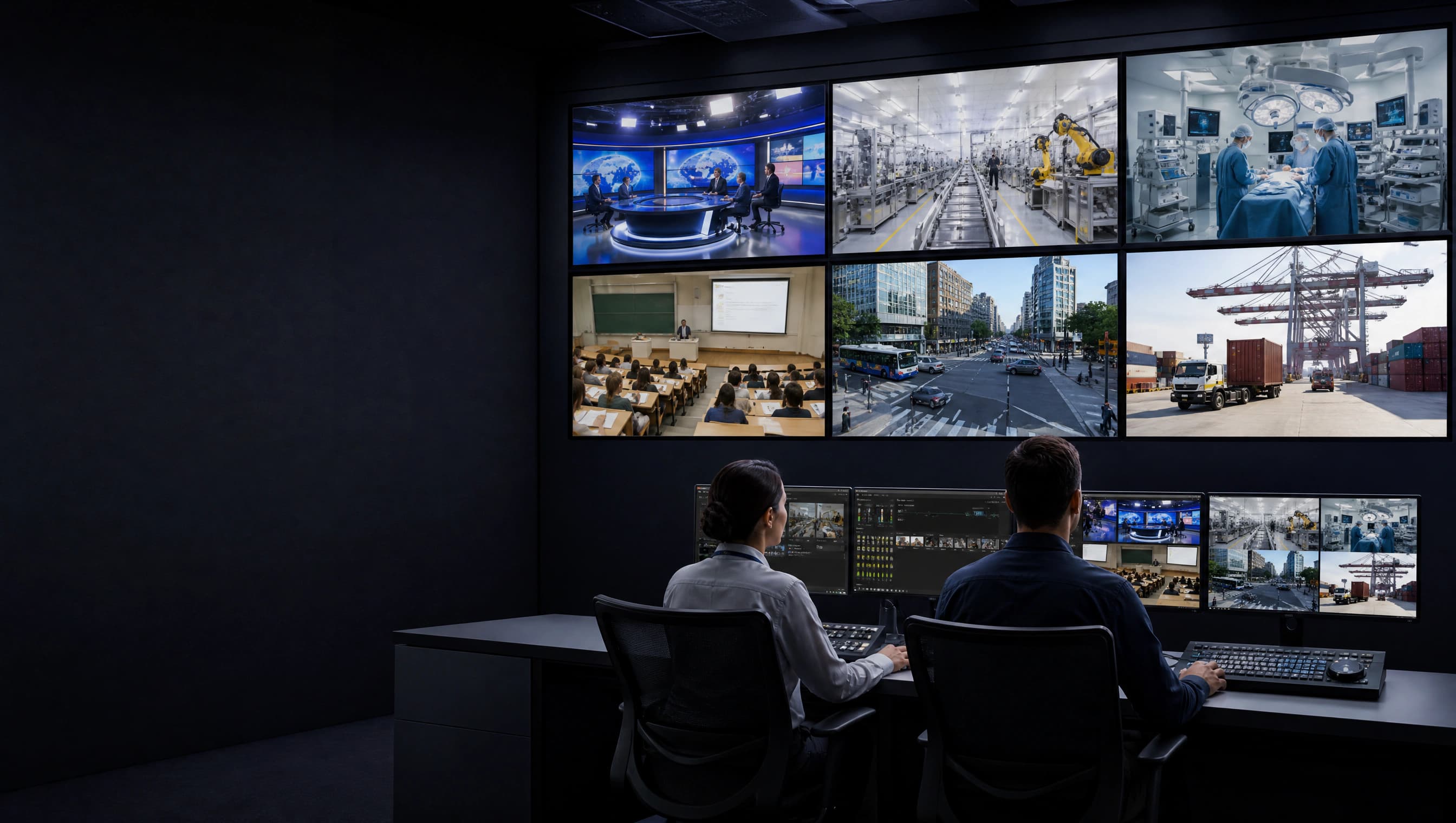 Video monitoring control room with multiple display screens
