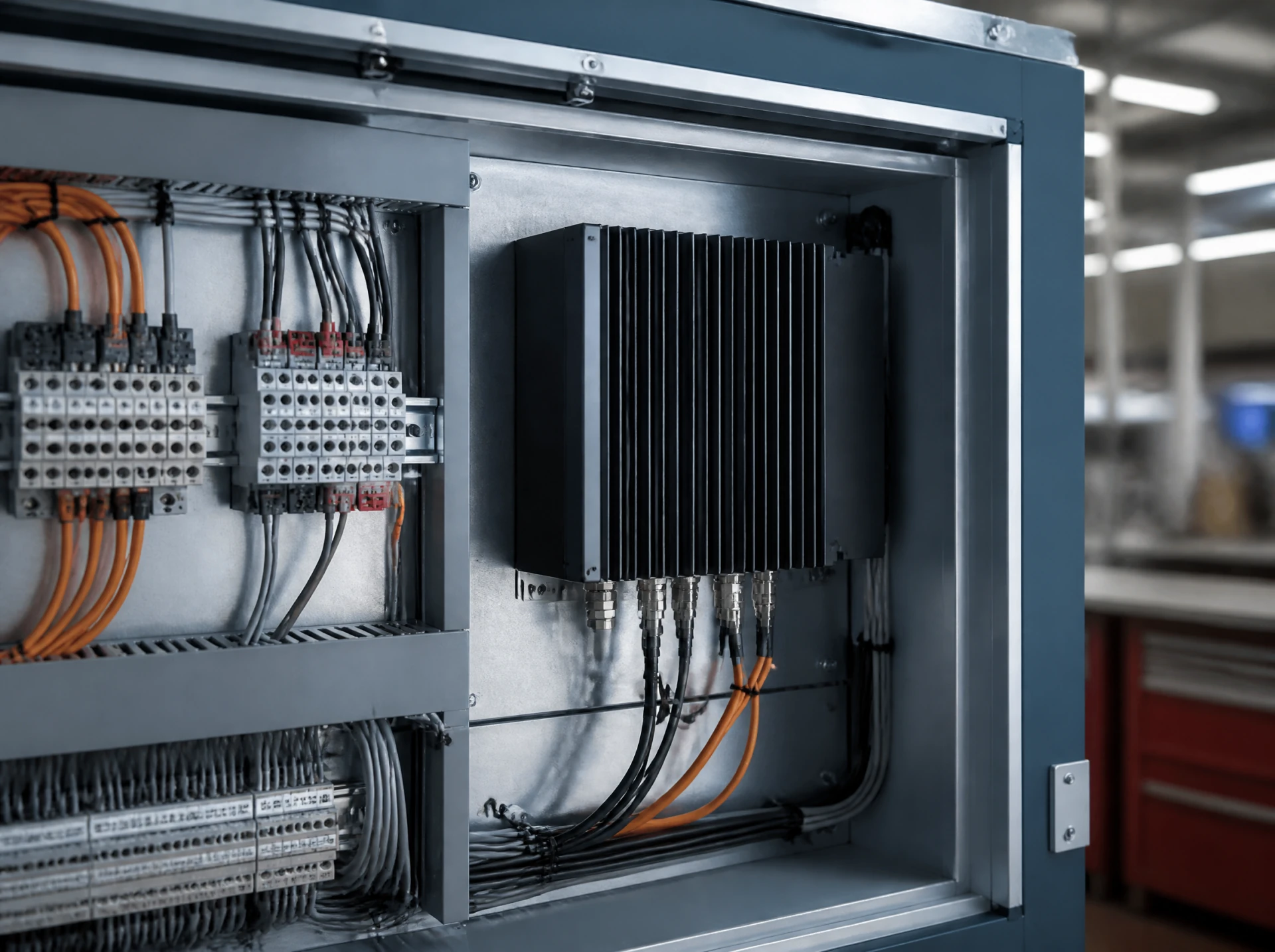 Fanless industrial computer installed in a machine cabinet