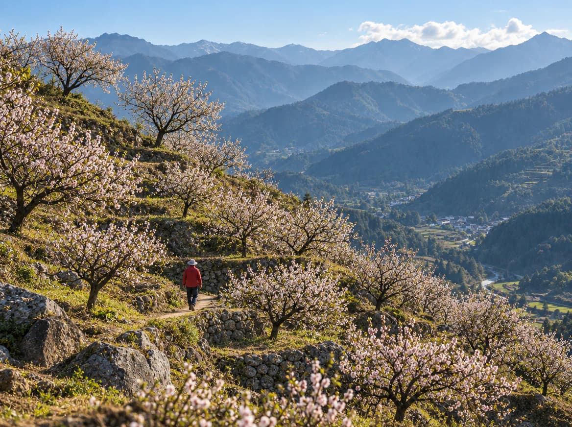 Terraced hillside orchard surrounded by mountains