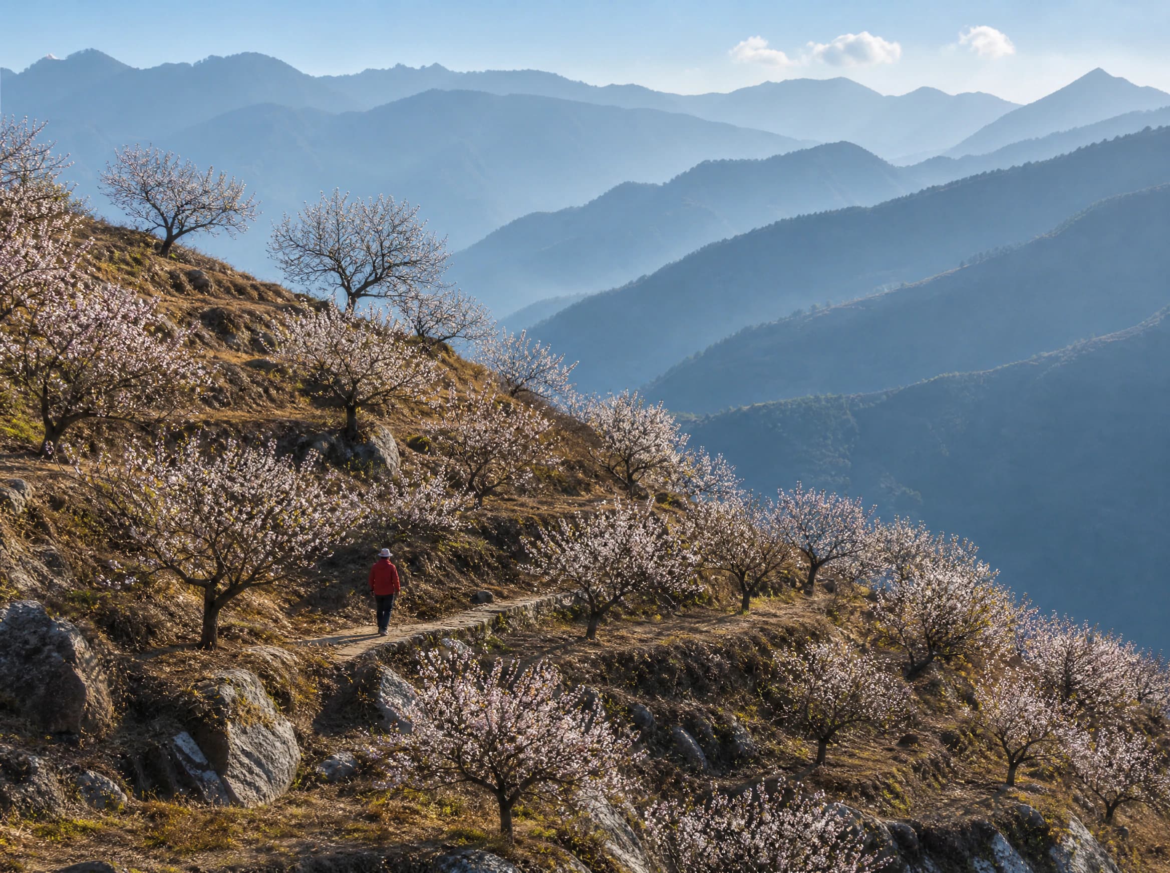 Terraced hillside orchard surrounded by mountains