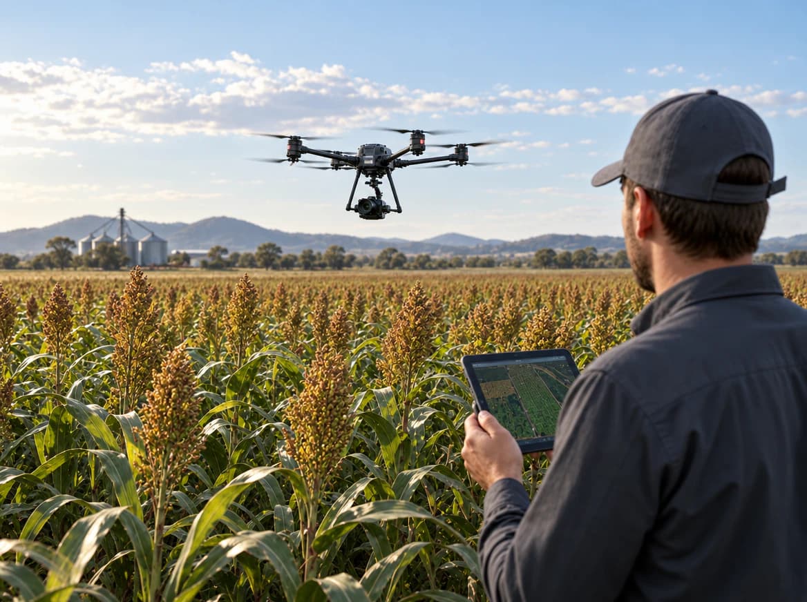 Camera-equipped drone flying above a crop field
