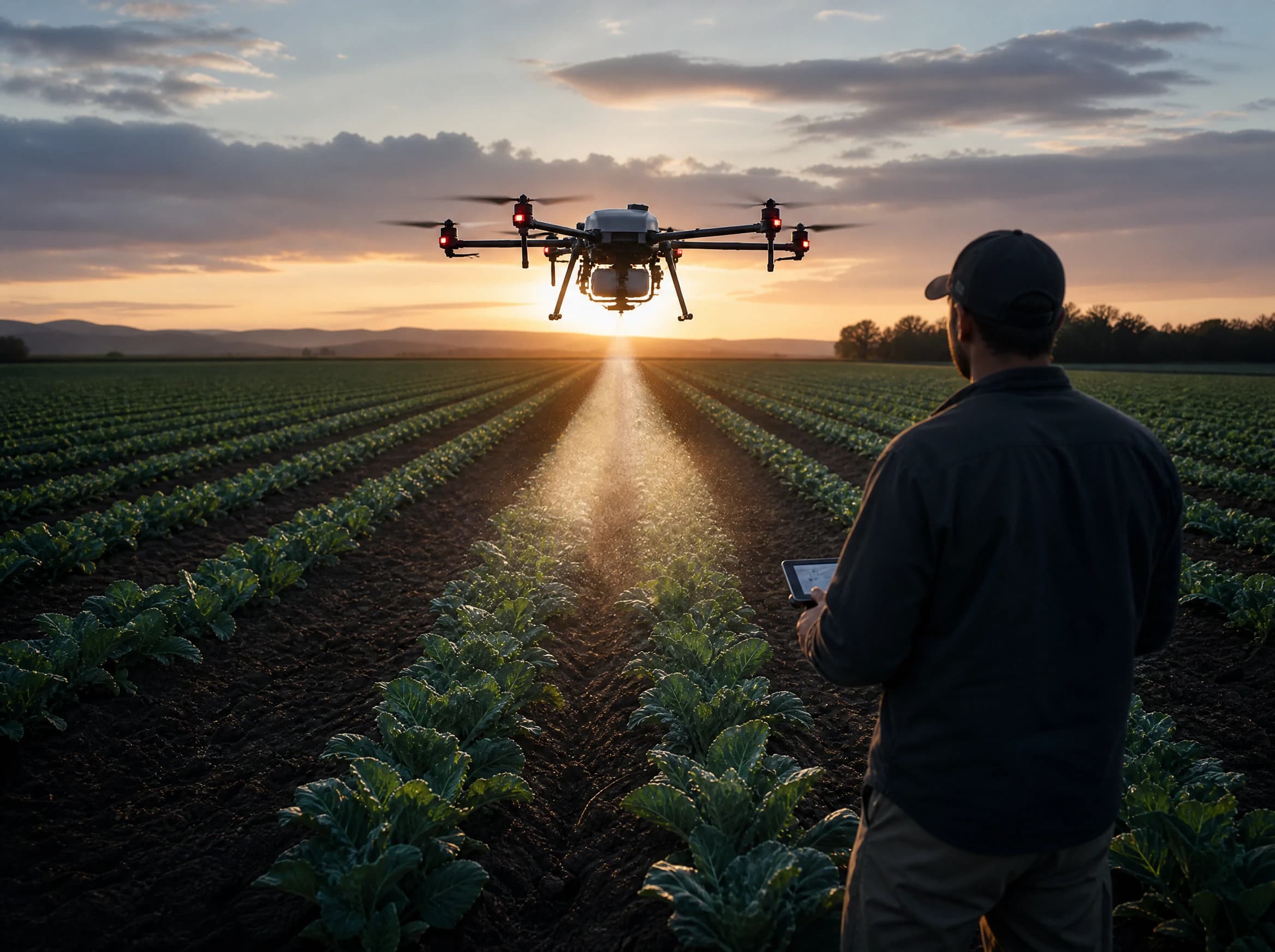 Agricultural drone spraying crop rows at dusk
