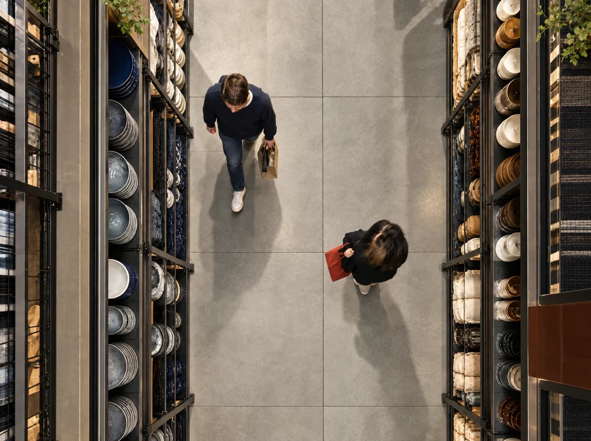 Overhead view of shoppers moving through a store aisle