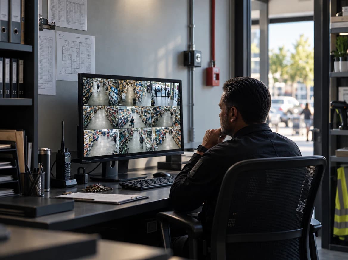 Security workstation displaying multiple store camera feeds
