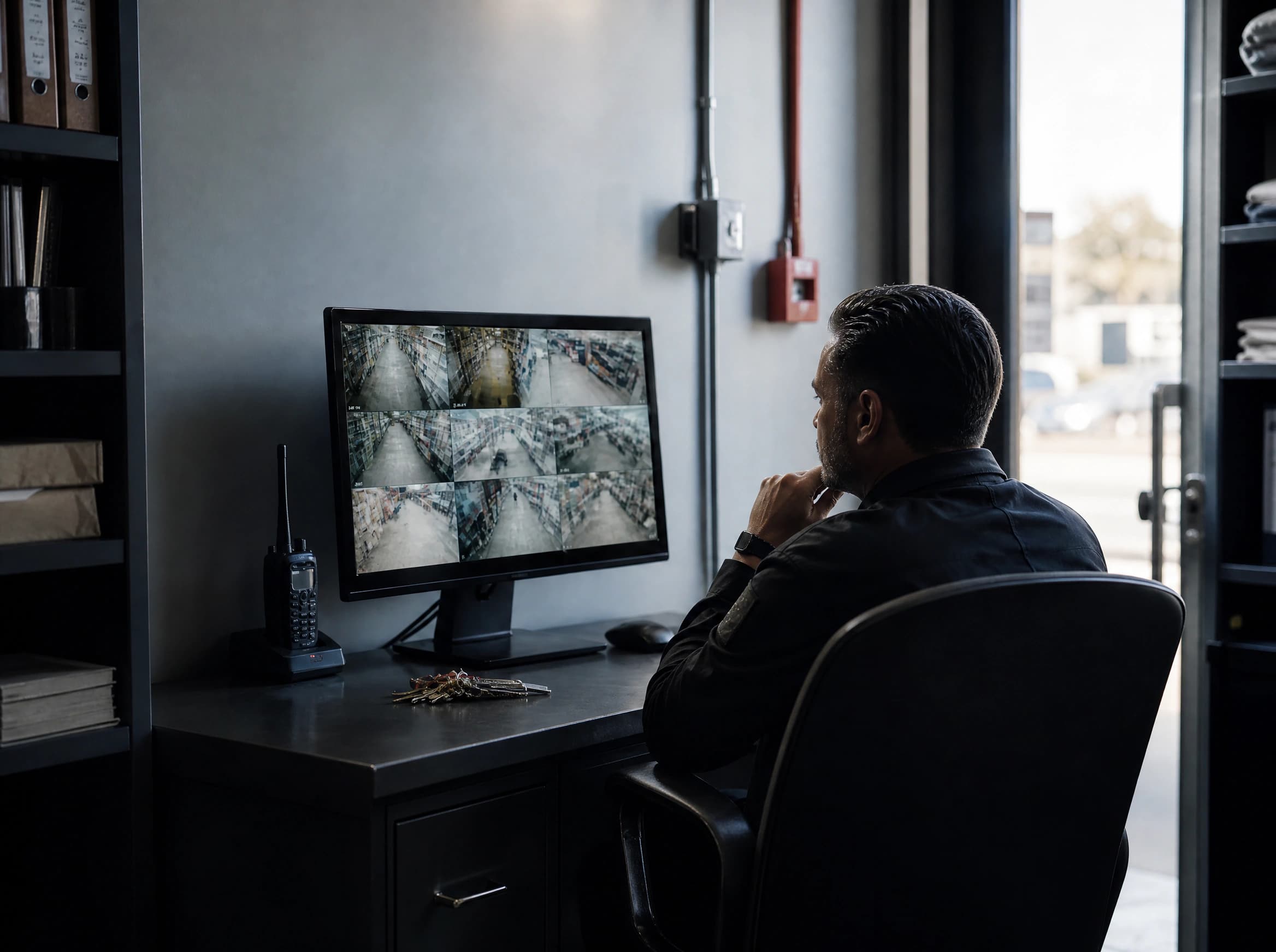 Security workstation displaying multiple store camera feeds
