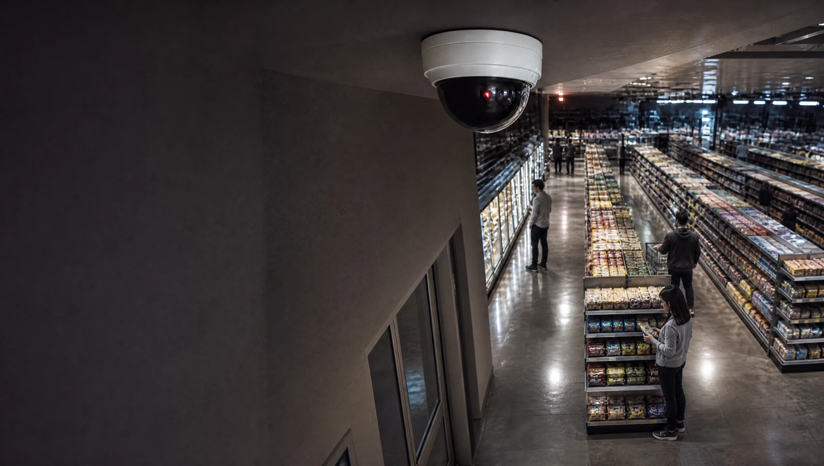 Ceiling security camera overlooking a retail aisle