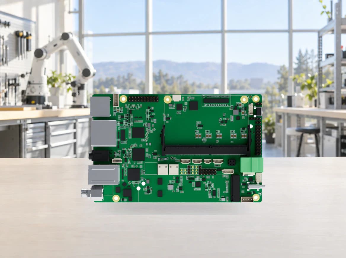 Green edge-computing circuit board on a workbench