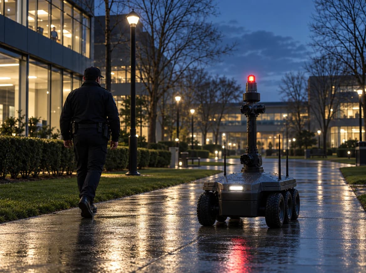 Four-wheeled patrol robot traveling along a wet outdoor path