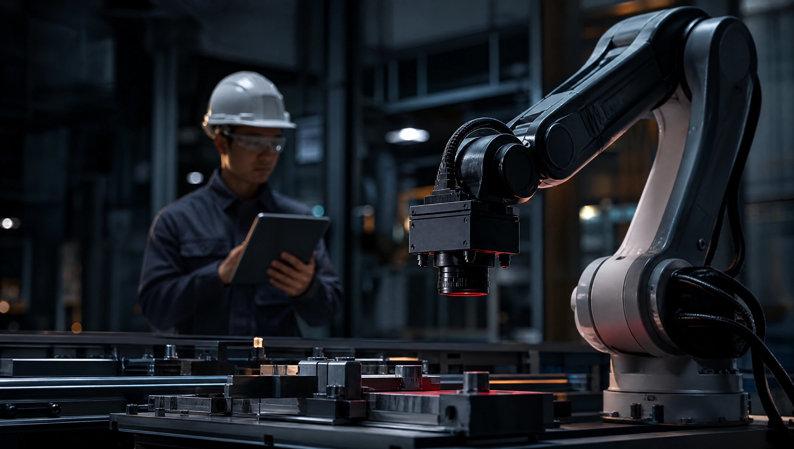 Industrial robot arm using a camera over a work cell