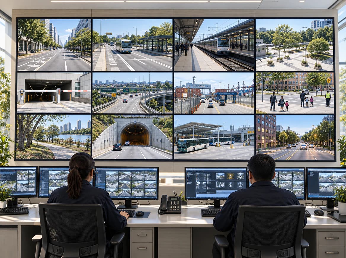 Surveillance control room with a wall of live camera feeds