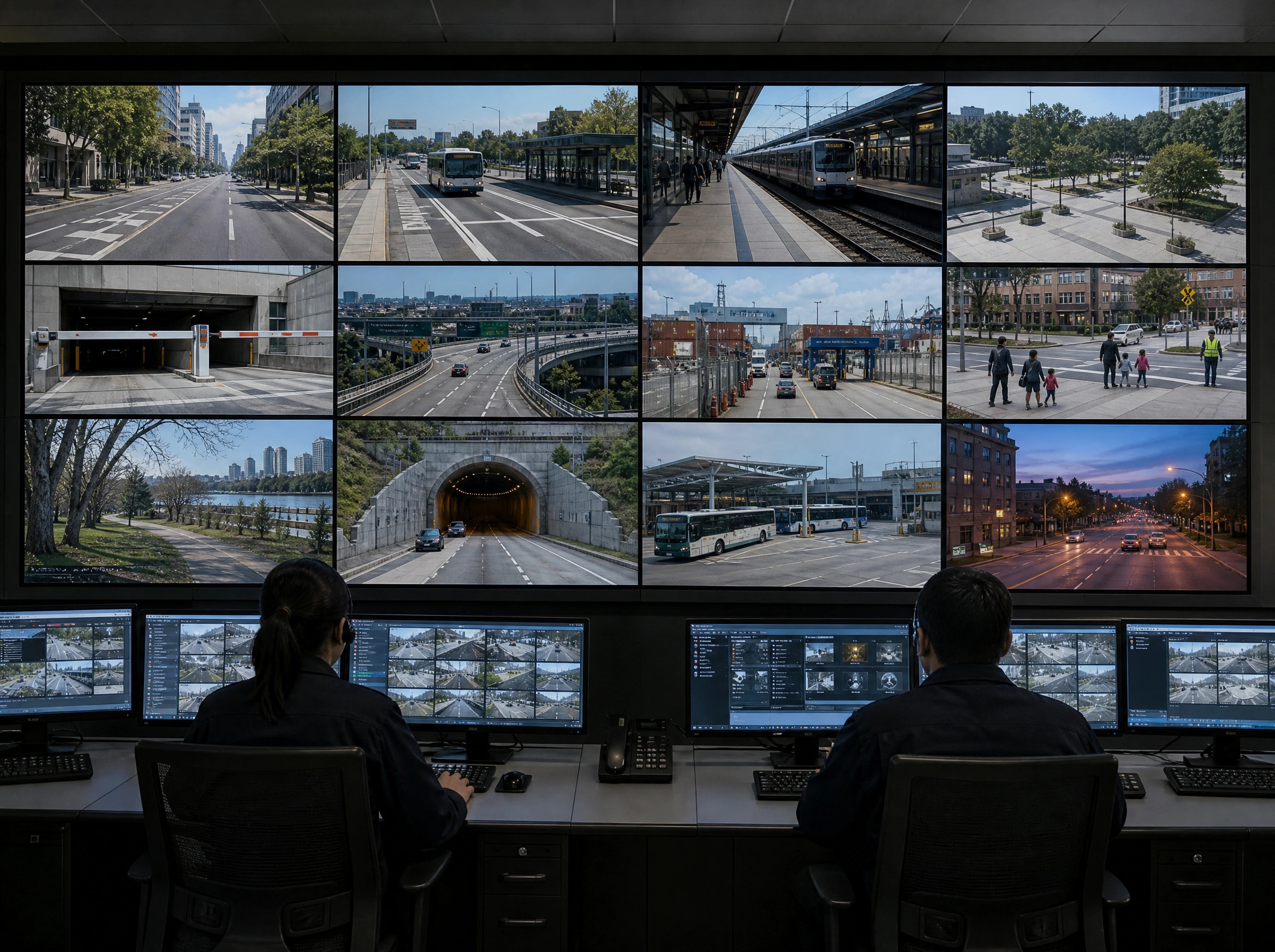 Operations center displaying many live camera views