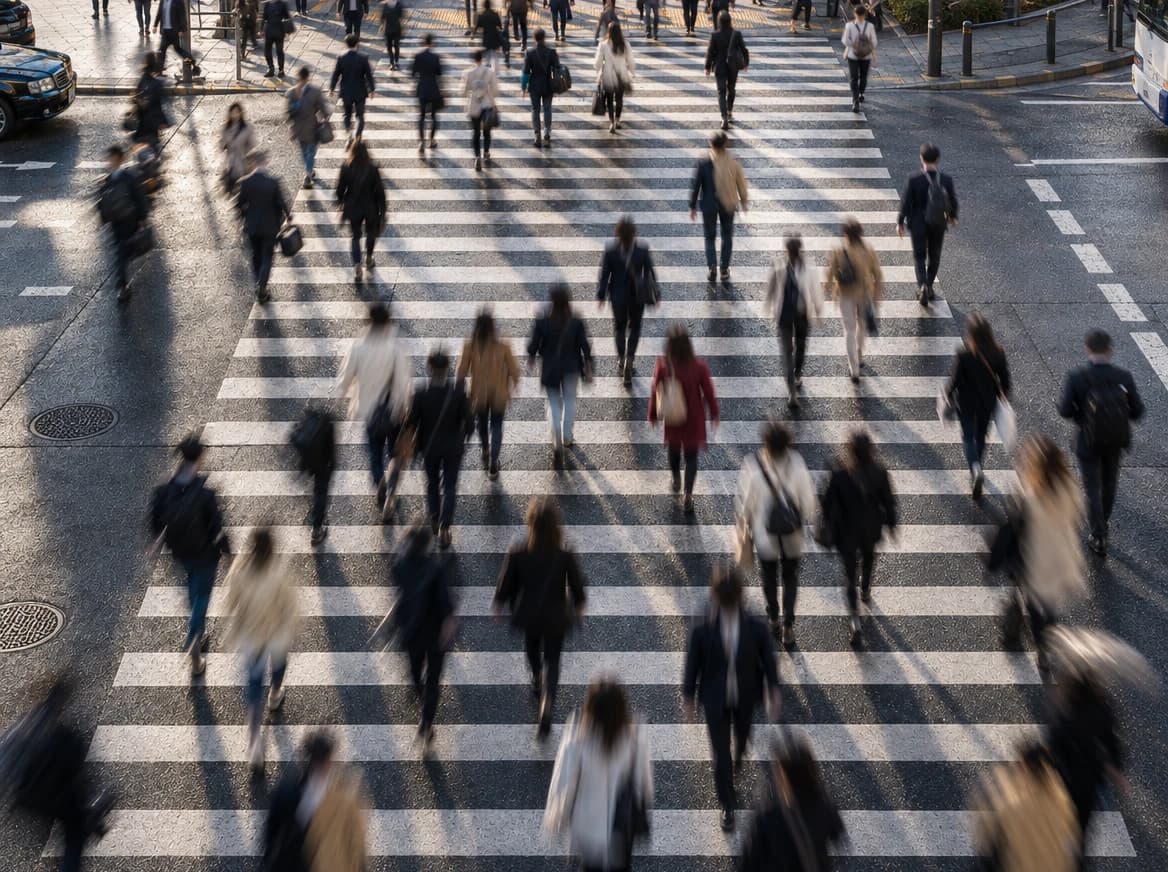 Pedestrians crossing a city street viewed with motion blur