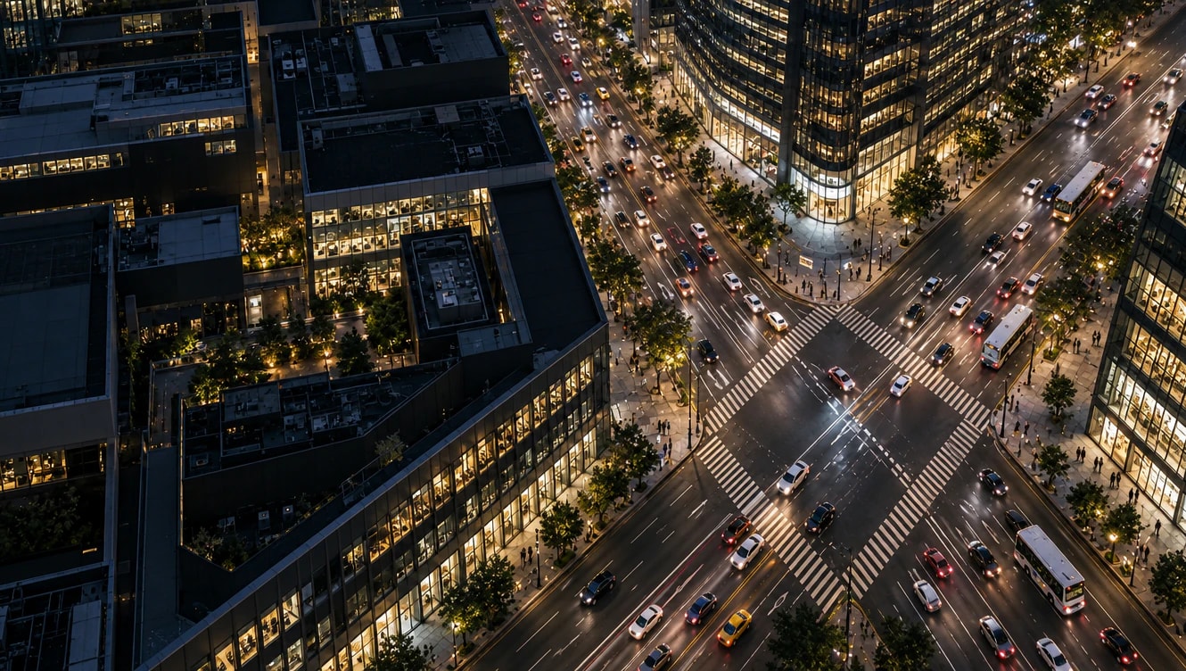 Aerial night view of a connected urban intersection