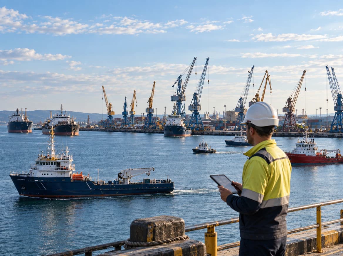 Cargo vessels and cranes in a busy harbor