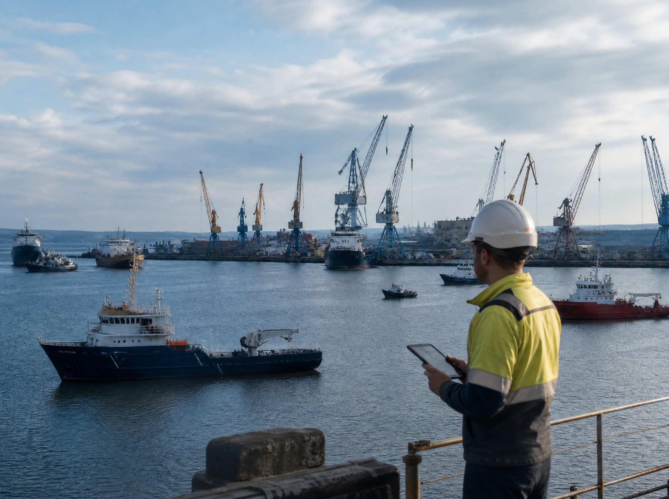 Cargo vessels and cranes in a busy harbor