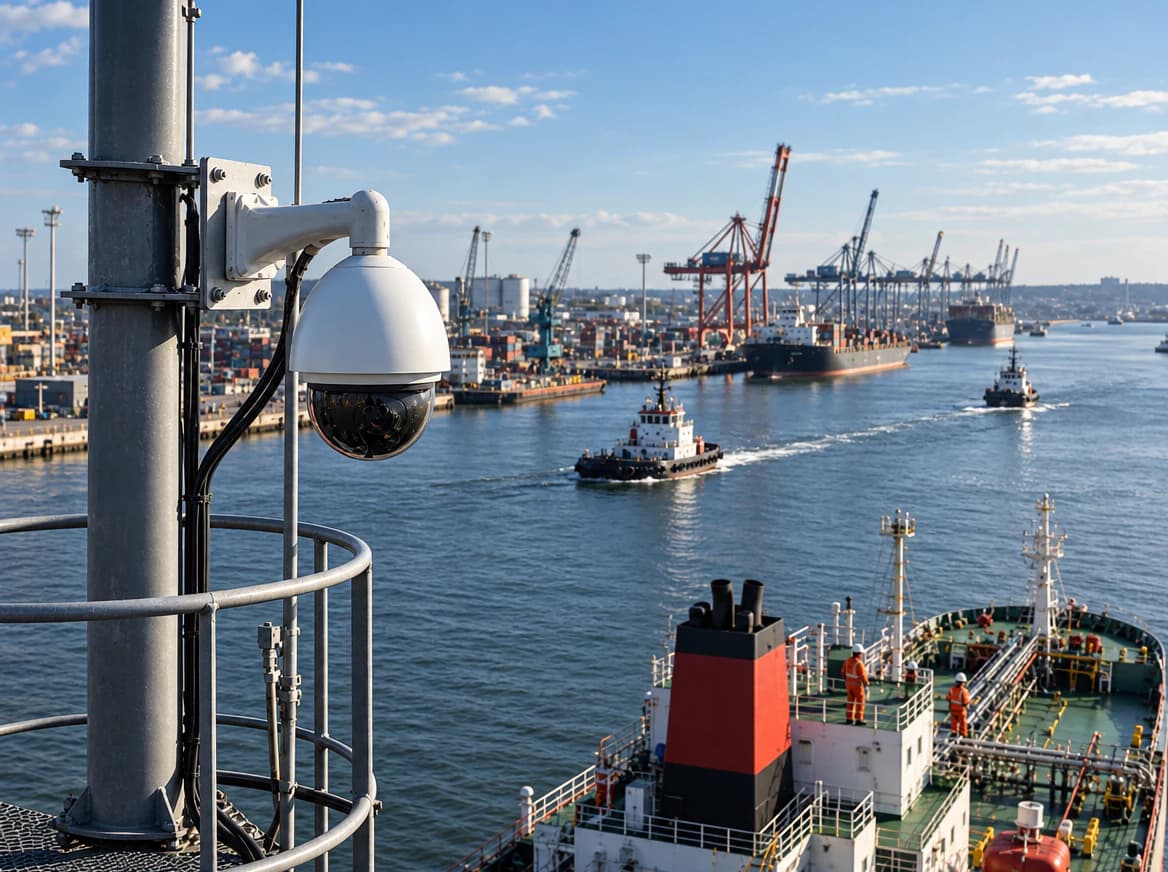 Dome surveillance camera overlooking a harbor