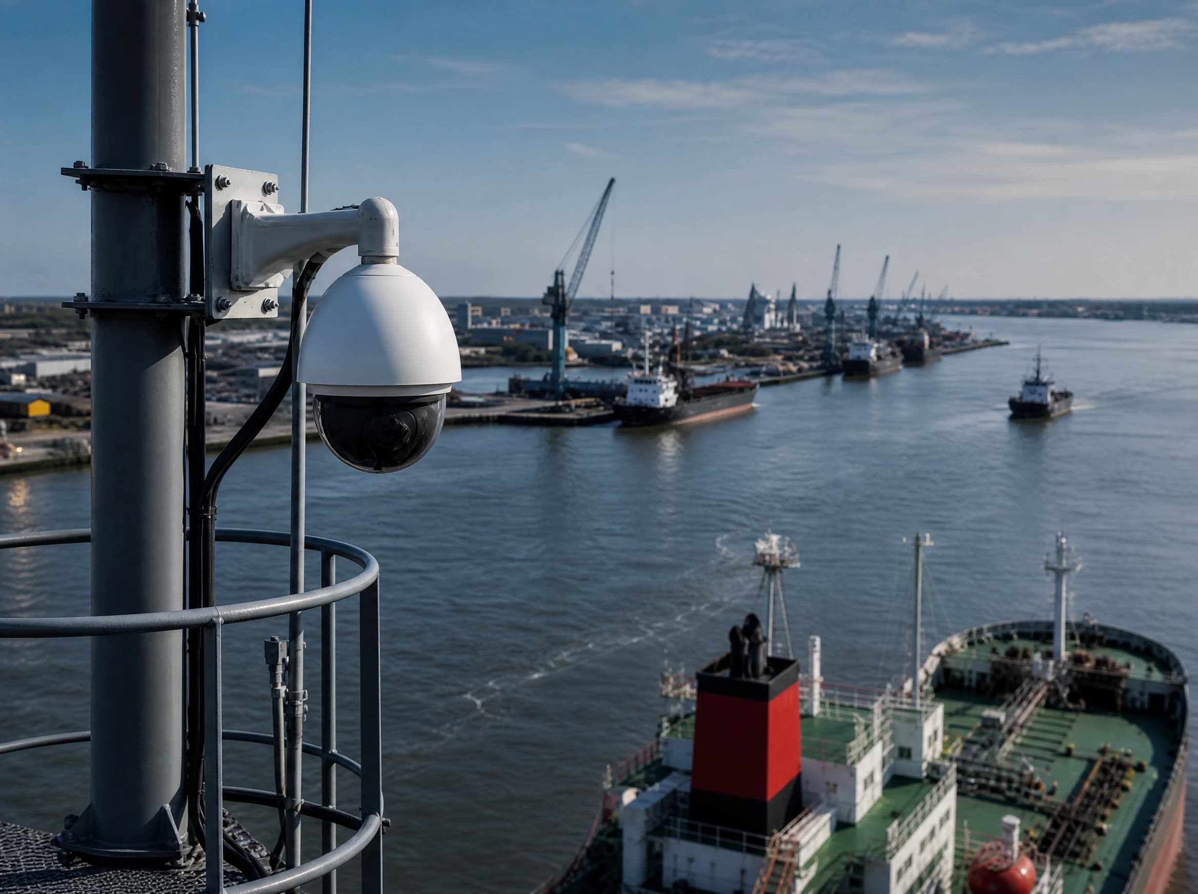 Dome surveillance camera overlooking a harbor
