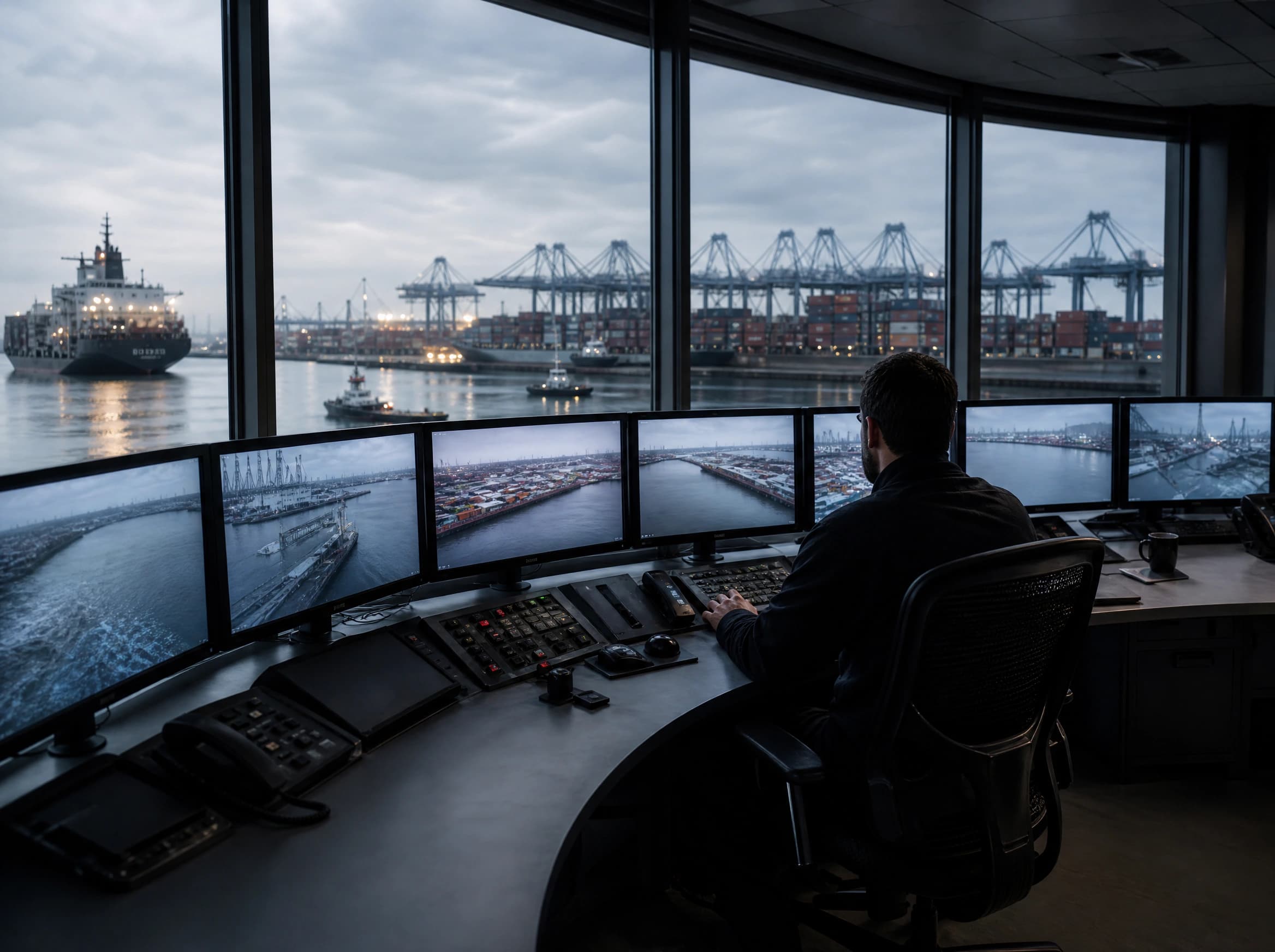 Harbor control room with multiple vessel-monitoring screens