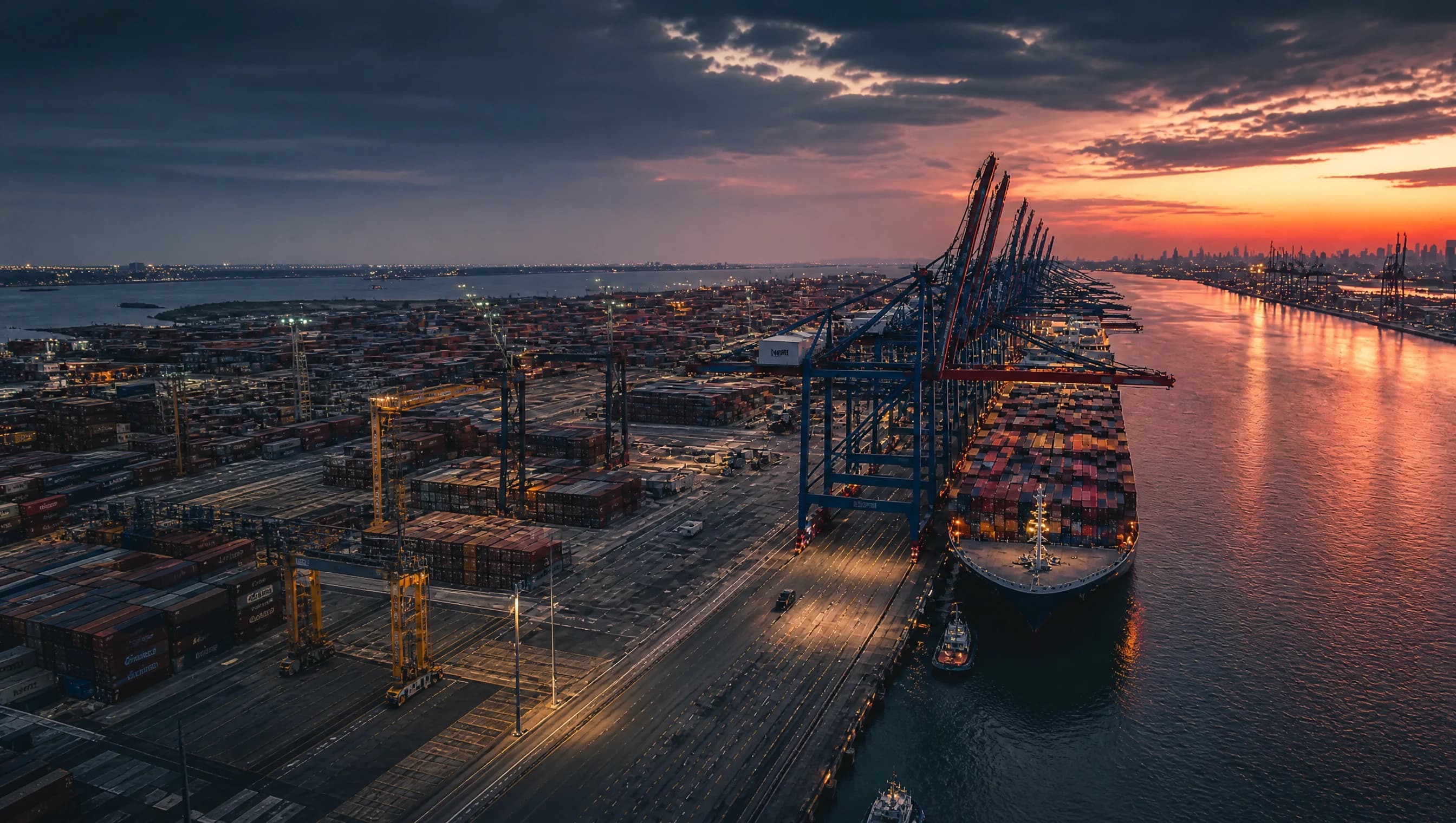Container port and cargo ship at sunset