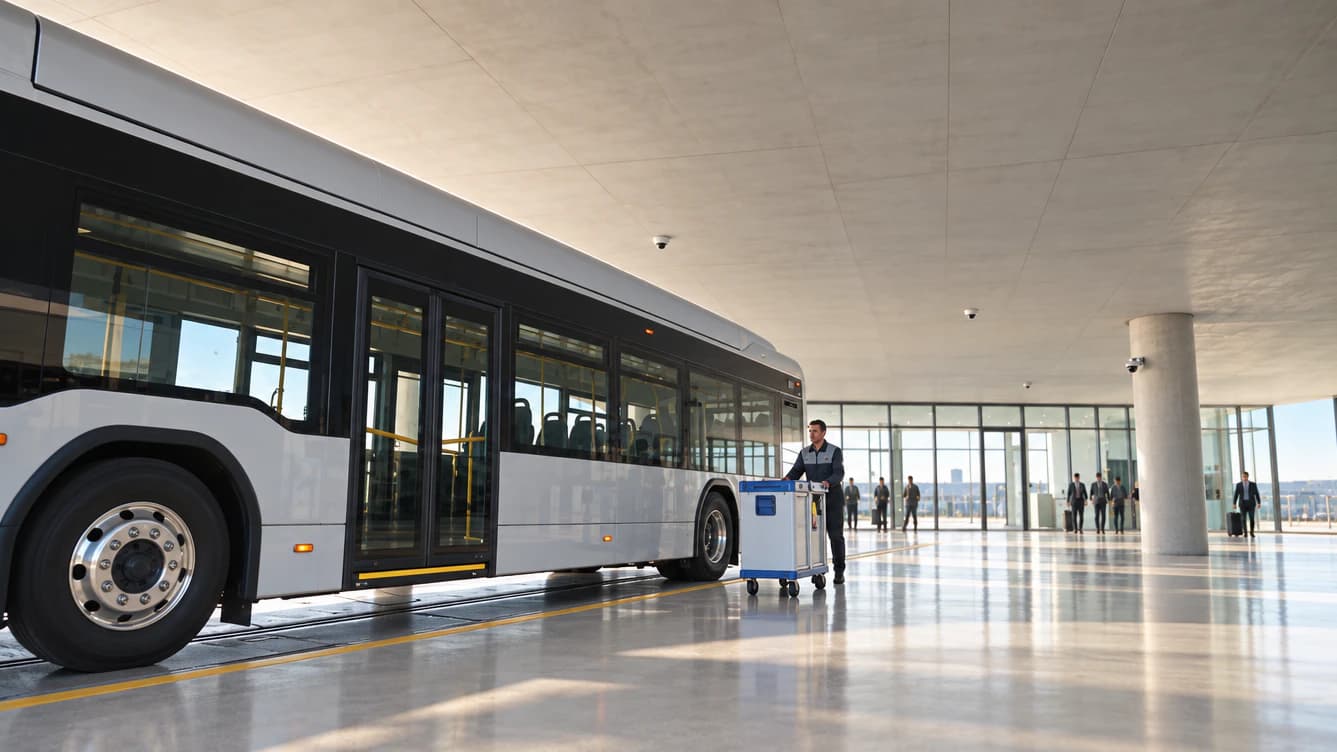 Bright electric-bus depot where an established camera estate supports an operating crew