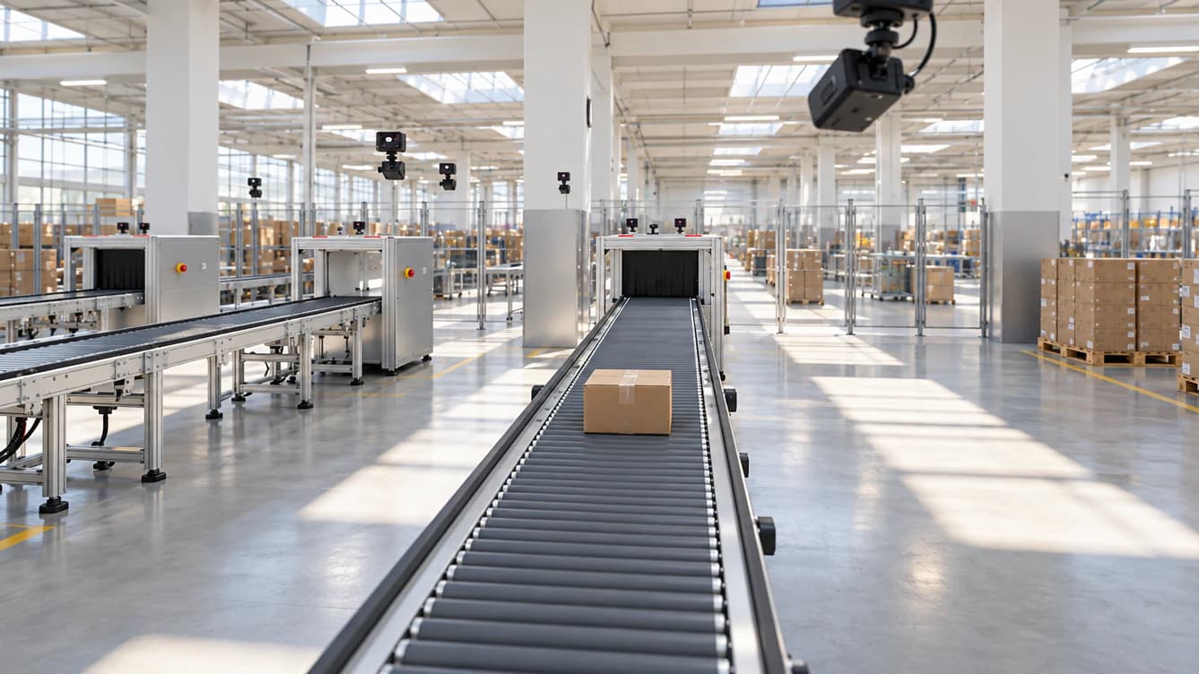 Bright distribution center with several cameras observing coordinated logistics activity