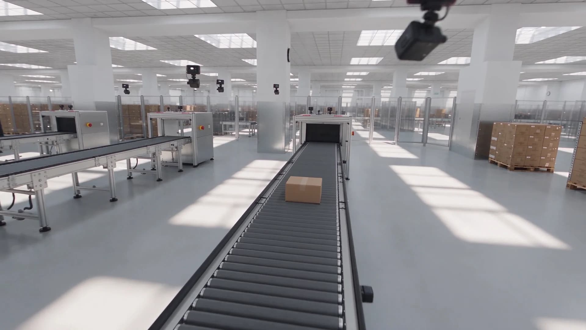 Bright distribution center with several cameras observing coordinated logistics activity