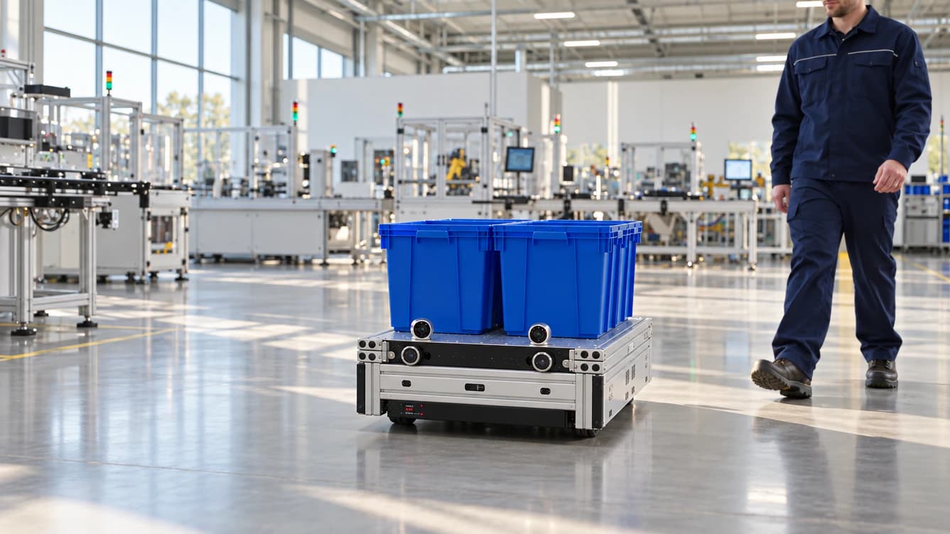 Autonomous mobile robot moving through a bright camera-rich manufacturing lab