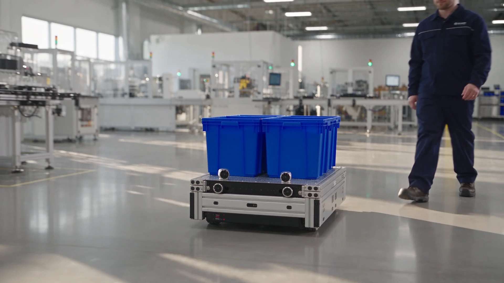 Autonomous mobile robot moving through a bright camera-rich manufacturing lab