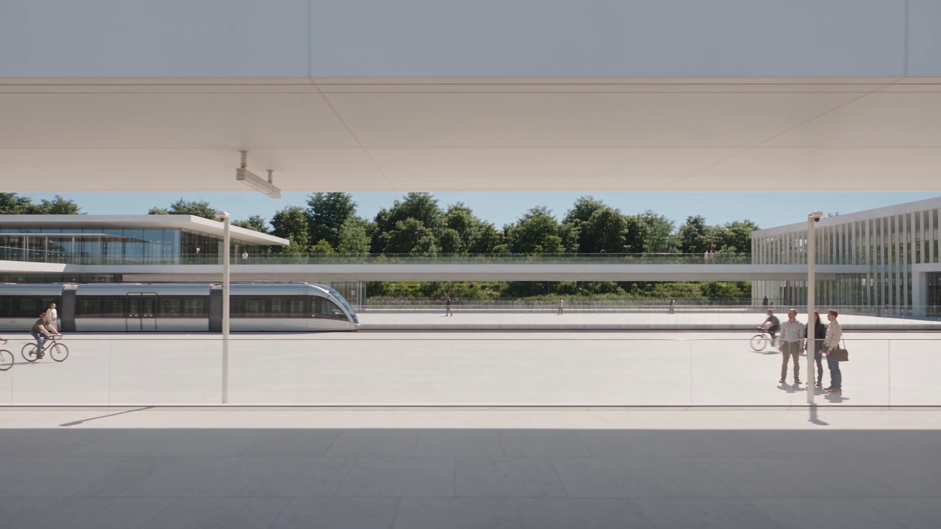 Bright advanced California mobility plaza with electric transit